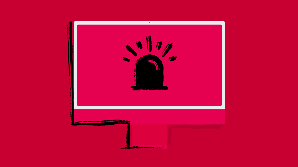 Siren inside a computer screen with red background.