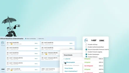 Security compliance dashboard showing CIS, NIST, and CMMC benchmark baselines for macOS and iOS, with overlapping panels displaying threat details and security configuration checkboxes like Enable Gatekeeper and FileVault.