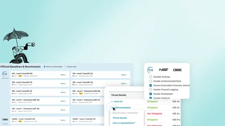 Security compliance dashboard showing CIS, NIST, and CMMC benchmark baselines for macOS and iOS, with overlapping panels displaying threat details and security configuration checkboxes like Enable Gatekeeper and FileVault.