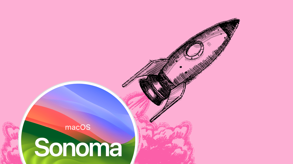 Rocket taking off from text reading "macOS Sonoma."