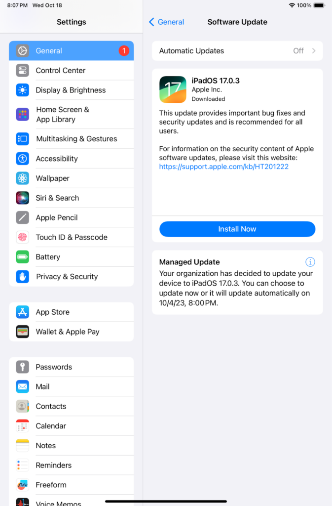 System Settings of iPadOS Device showing enforced update details