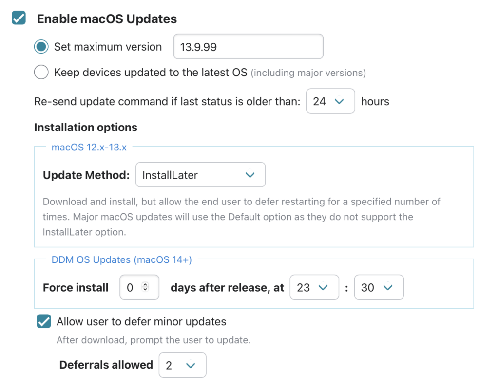 Addigy Admin display of MDM and DDM Updates settings