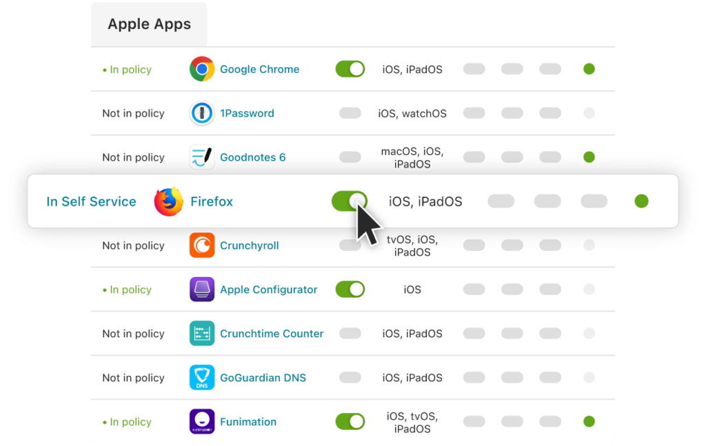 To visually demonstrate Bulk App and Content Distribution in Addigy. Screengrab of Apple Apps in Addigy showing Policy, Self Service, and OS options.