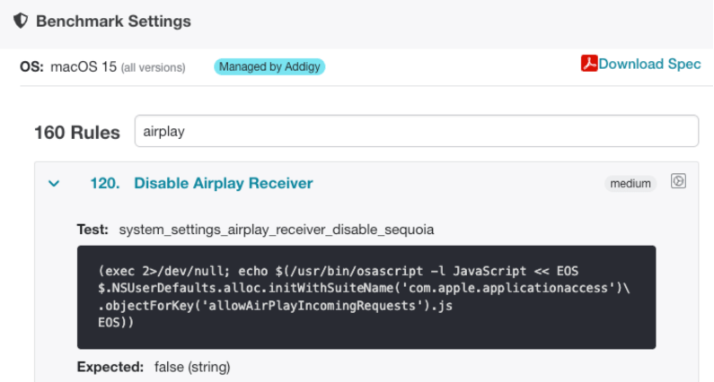 Addigy Benchmark settings. Airplay options.