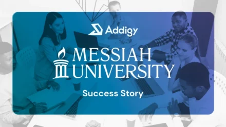 Addigy and Messiah University Success Story graphic, featuring the Addigy and Messiah University logos over a blue-tinted image of a diverse group of people collaborating around laptops.