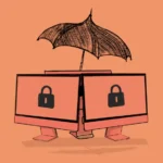 Three iMacs with a lock icon on the screen under a umbrella