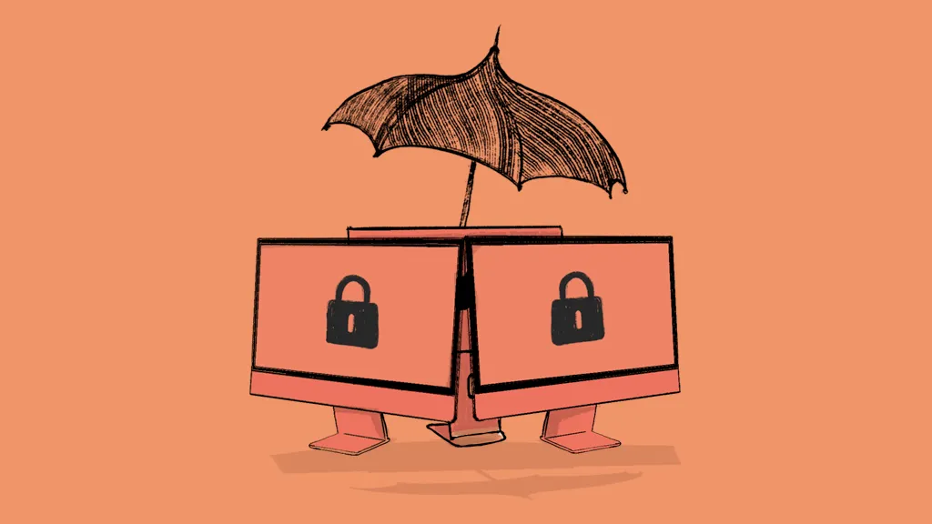Three iMacs with a lock icon on the screen under a umbrella