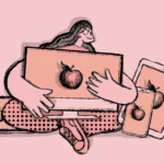 Illustration of user surrounded by Apple devices.