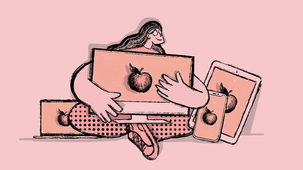 Illustration of user surrounded by Apple devices.