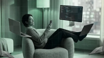 llustrated graphic of a person relaxing in an armchair holding an iPhone, surrounded by floating Apple devices including an iMac, MacBook, and iPad.