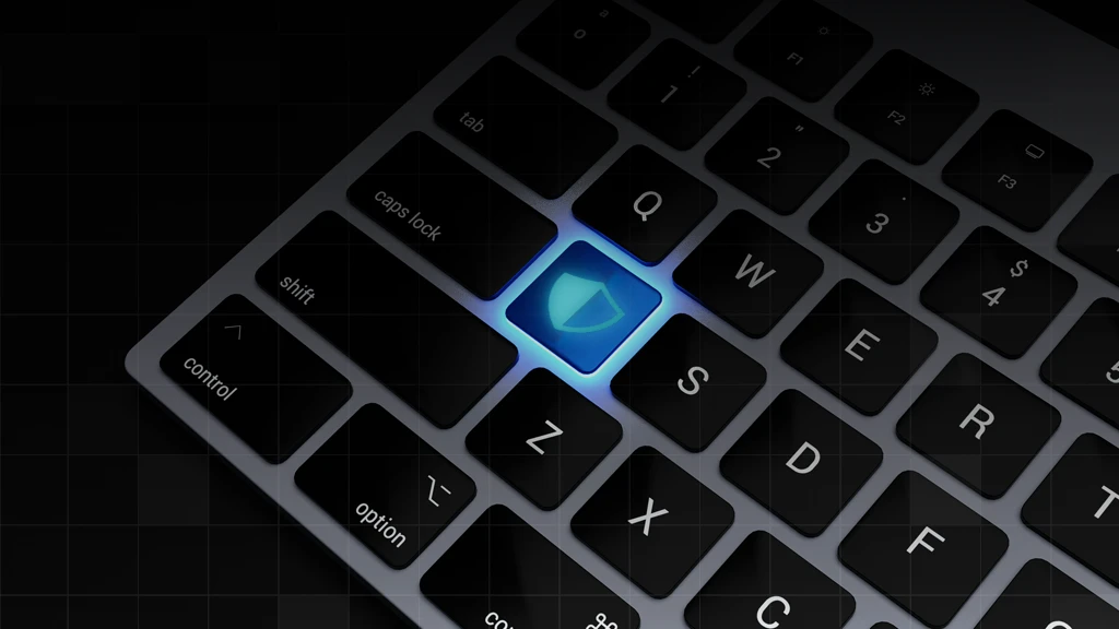 Mackbook Pro keyboard with shield pictogram on it.