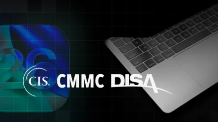 CIS, CMMC, DISA logotypes over macOS 26 icon and Macbook Pro