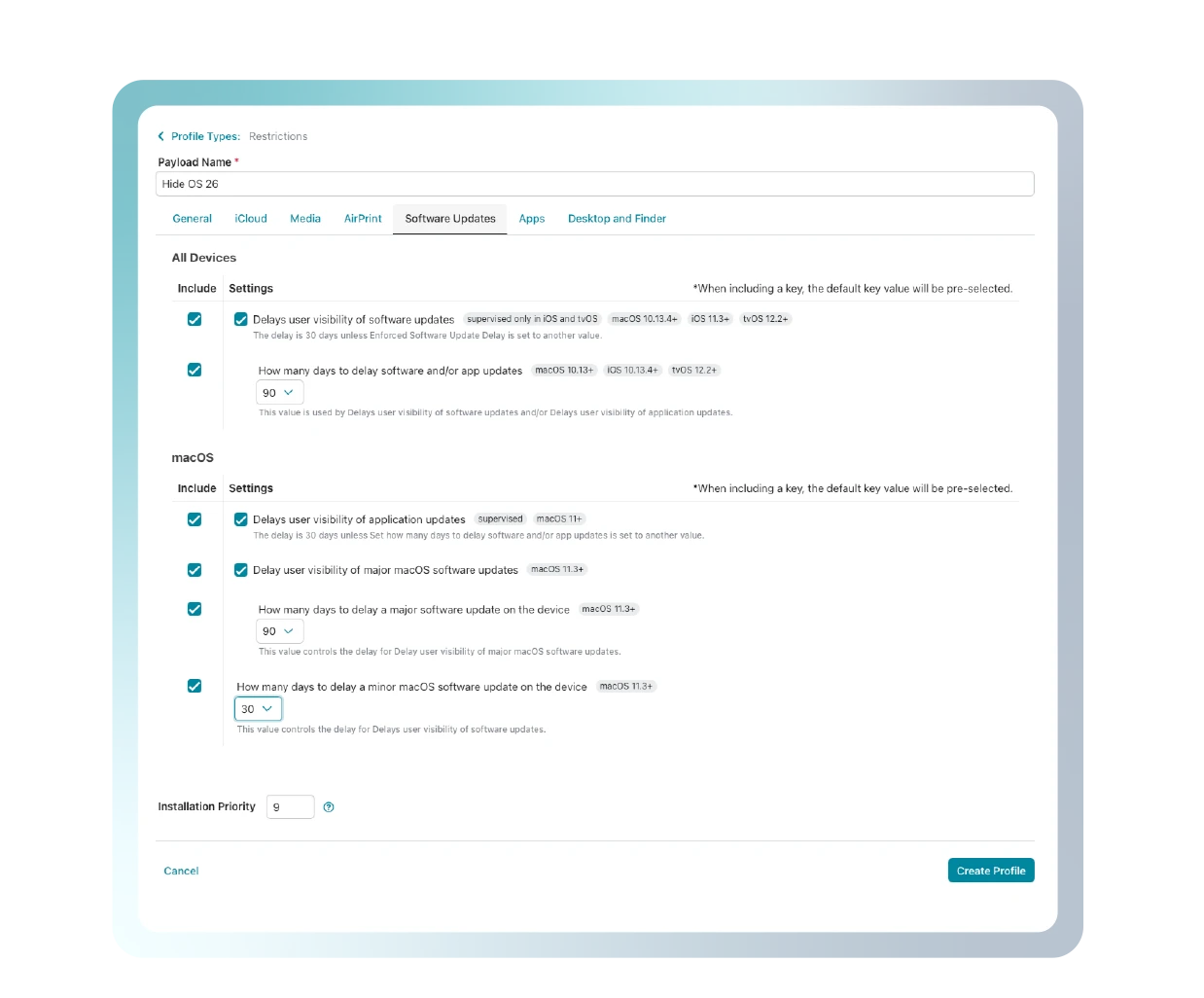 Addigy MDM restrictions profile macOS UI