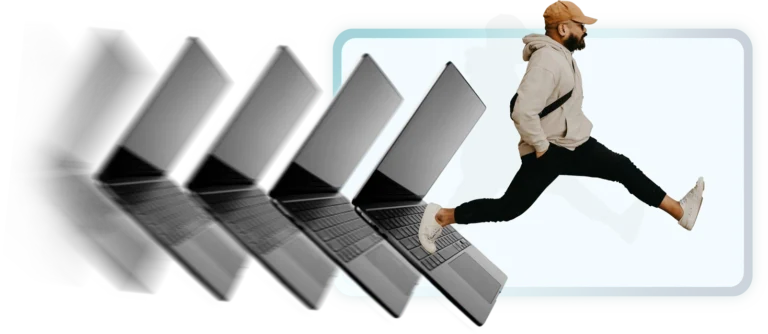 Person jumping out from Macbook Pros