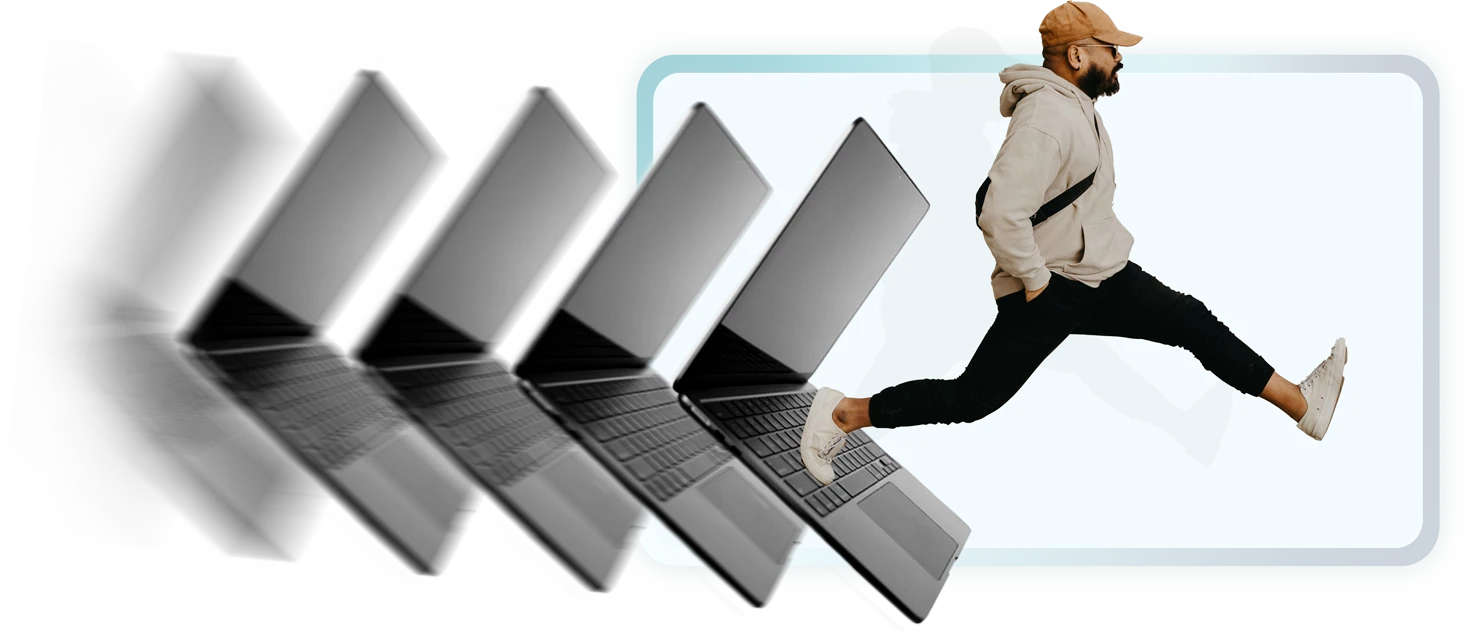 Person jumping  out from Macbook Pros