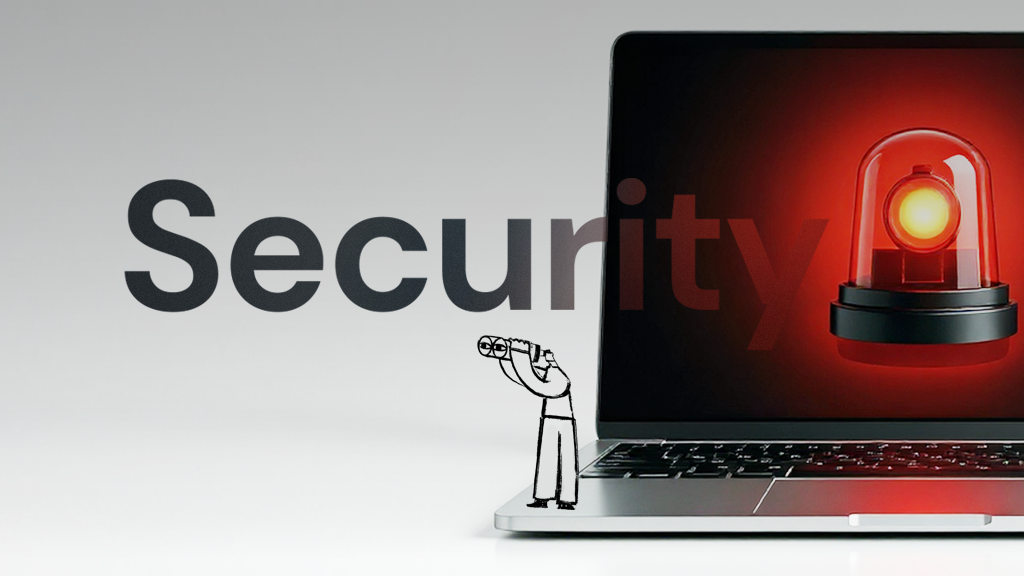 Laptop displaying a red flashing alarm siren on screen beside the word "Security," with a small illustrated figure looking through binoculars standing on the keyboard.