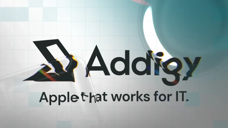 Addigy brand manifesto tagline and logo with liquid glass effect.