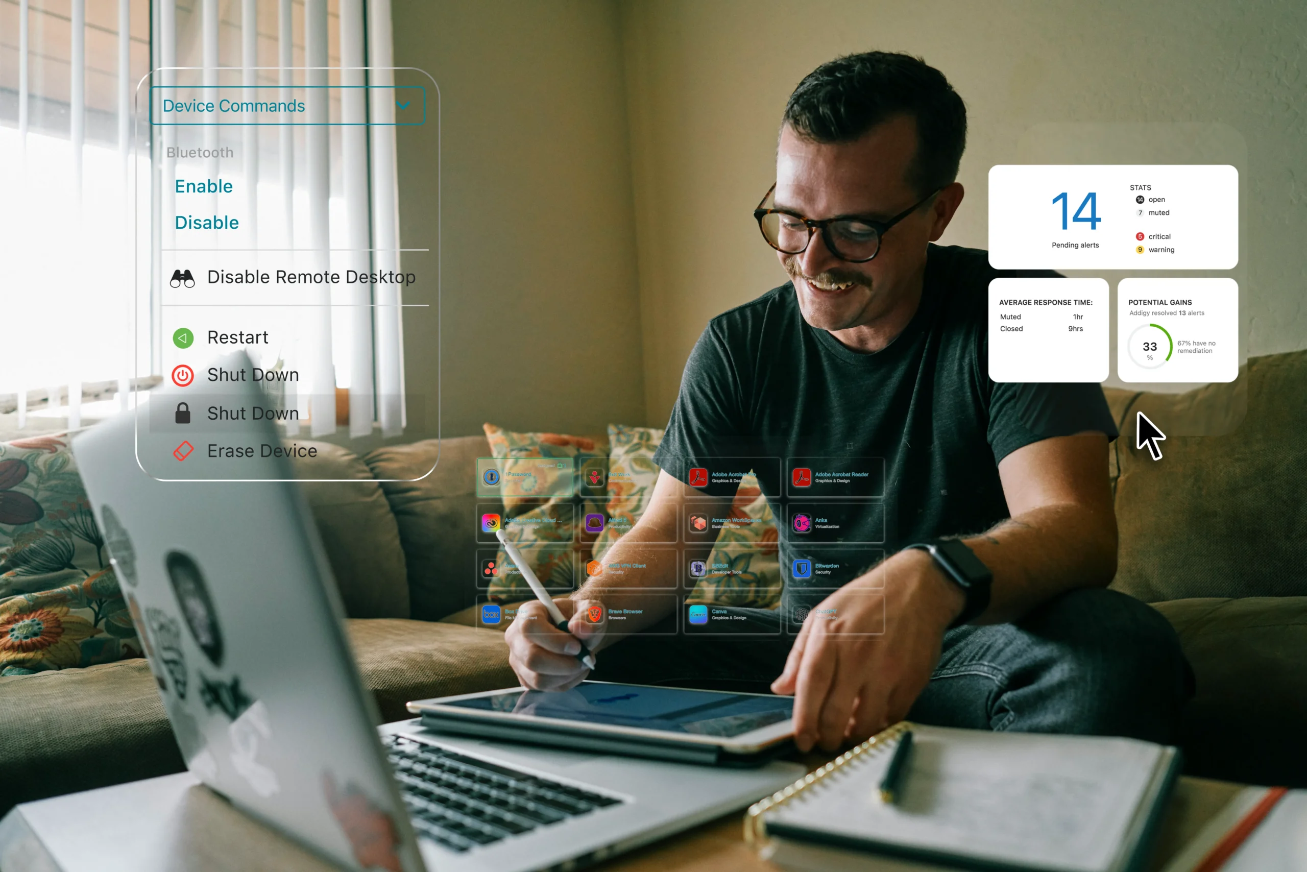 IT Admin working with UI Addigy screens floating 
