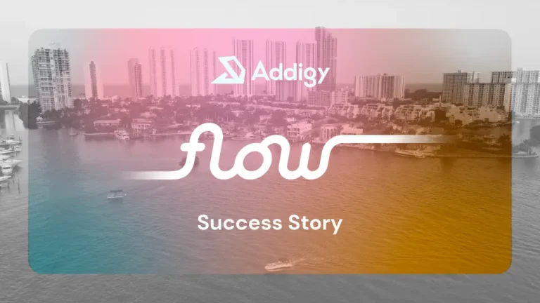 The Flow logo in white script overlaid on an aerial view of a Miami waterway with city buildings in the background, tinted with a pink-to-golden gradient.