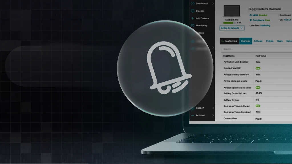 Macbook Pro with Addigy dashboard and urgency notification on the screen