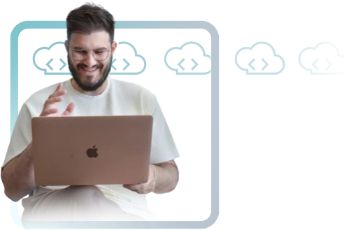 User with Macbook Pro and icon clouds in the background