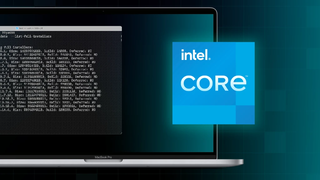 Terminal showing softwareupdate command to download a full macOS installer on an Intel-based Mac.