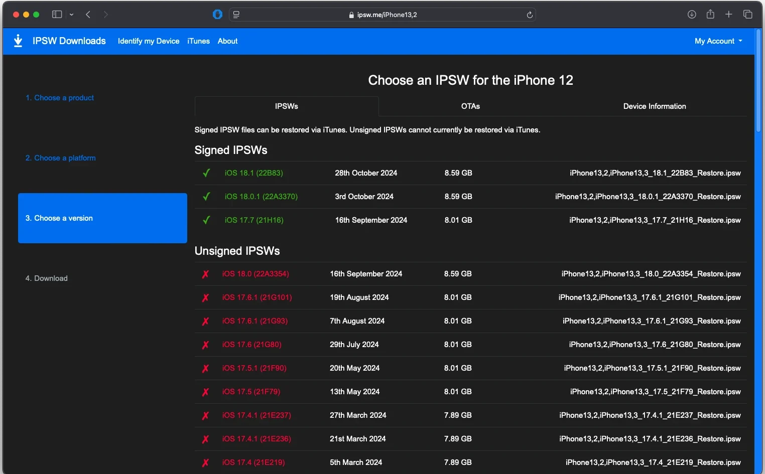 Listing of IPSWs for restore