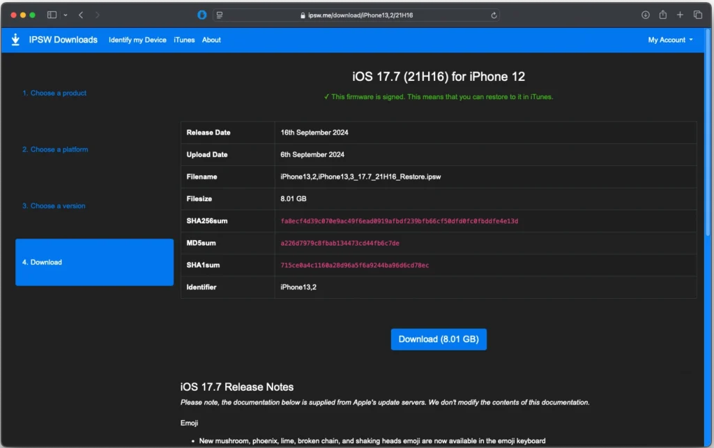 Selected iOS version for download