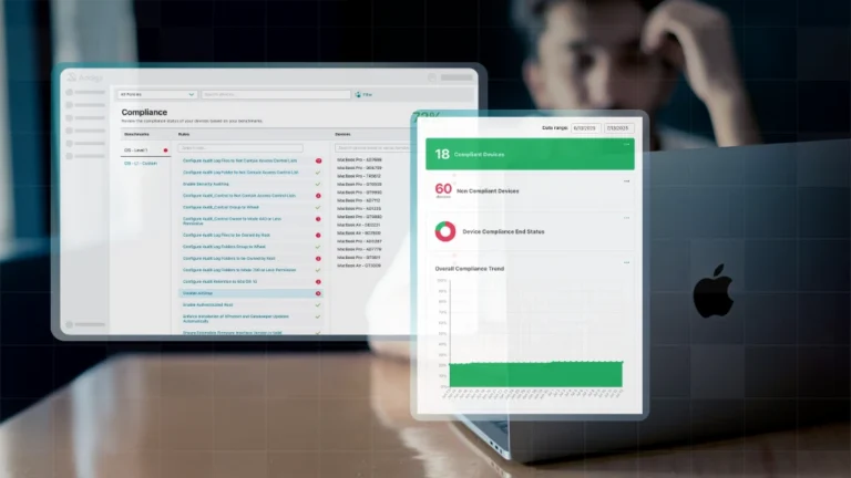 IT admin monitoring Apple device security compliance dashboard with MDM insights, 2026