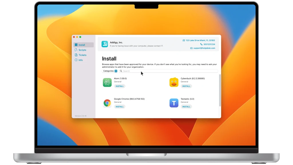 Addigy Self Service UI in a MacBook Pro 