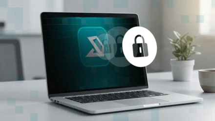 Macbook Pro with Addigy logo on the screen and security icon on front.