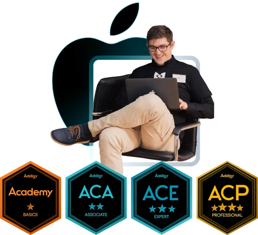 person sits relaxed in a chair using a laptop, set against a dark background with an Apple logo. Below are four hexagonal Addigy certification badges: Academy (one star), ACA – Associate (two stars), ACE – Expert (three stars), and ACP – Professional (four stars)