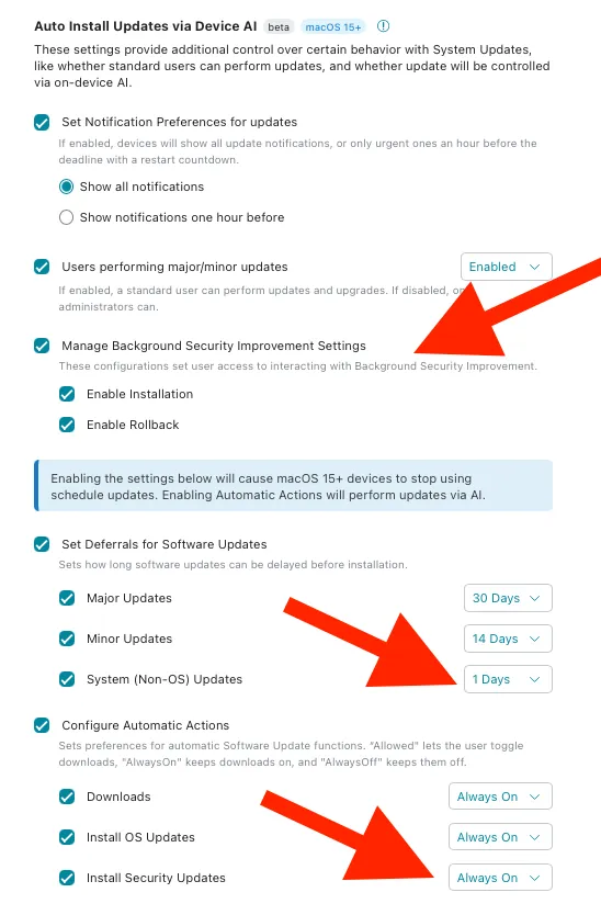Addigy MDM settings panel for "Auto Install Updates via Device AI," showing configuration options for notification preferences, user update permissions, Background Security Improvement settings, deferral periods, and automatic actions — with arrows highlighting key settings.