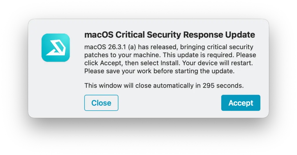 A macOS dialog box from Addigy prompting the user to accept and install the macOS 26.3.1 (a) Critical Security Response Update, with a 295-second countdown before the window closes automatically.