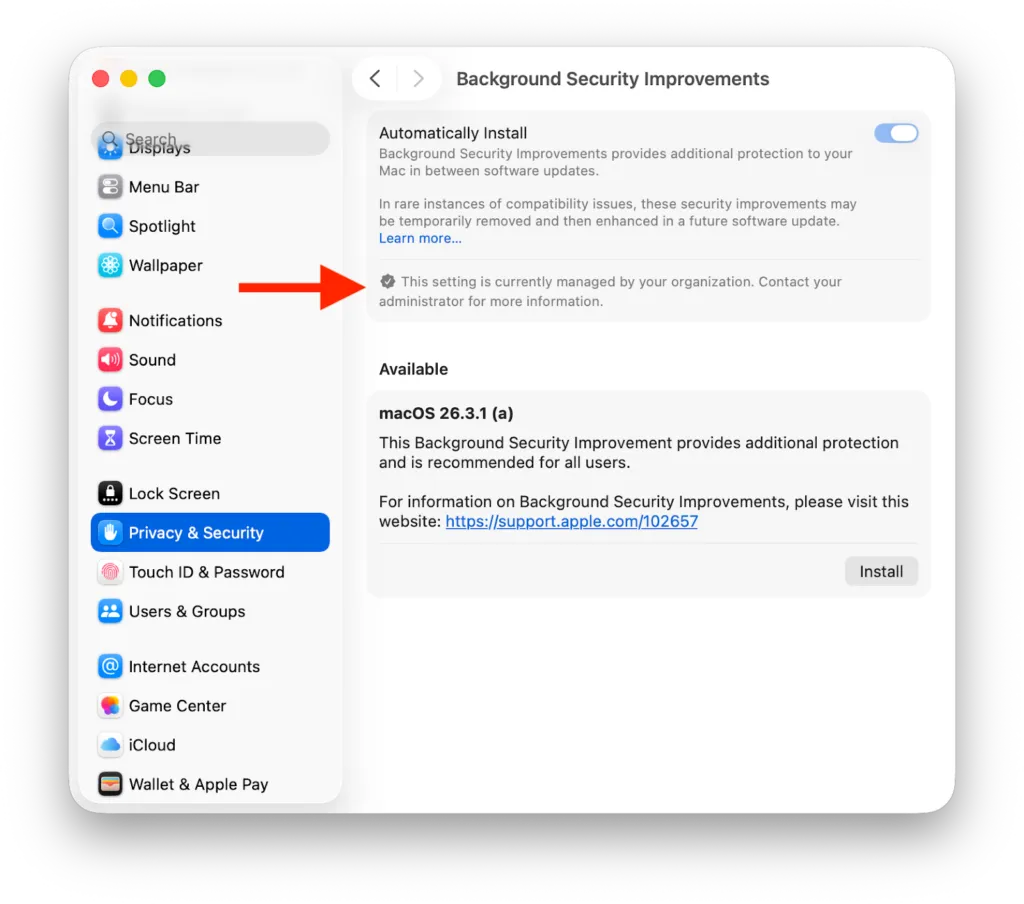 macOS System Settings showing the Background Security Improvements panel under Privacy & Security, with an arrow pointing to a notice that the setting is managed by the organization.