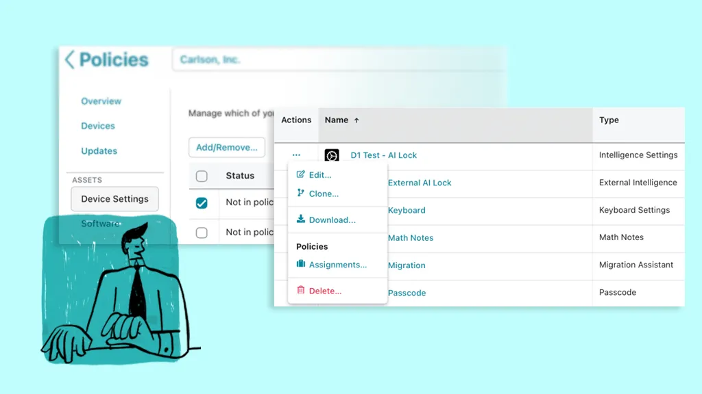 Screenshot of the Addigy Policies interface showing a device settings list with an open actions menu displaying options to edit, clone, download, manage assignments, or delete a policy, alongside an illustration of a person sitting at a desk.