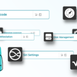 Screenshot of the Addigy Policies interface showing a device settings list with an open actions menu displaying options to edit, clone, download, manage assignments, or delete a policy, alongside an illustration of a person sitting at a desk.