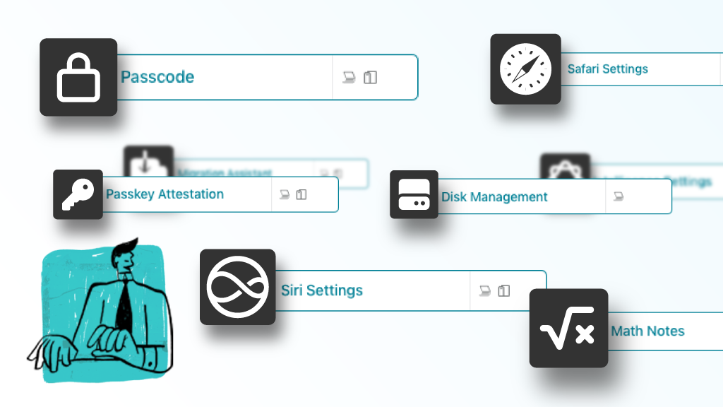 Screenshot of the Addigy Policies interface showing a device settings list with an open actions menu displaying options to edit, clone, download, manage assignments, or delete a policy, alongside an illustration of a person sitting at a desk.
