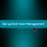 Promotional screenshot highlighting the "Set up End-User Management" button in Addigy Console, with teal gradient background and glowing call-to-action cursor, emphasizing SCIM integration for IdP-driven Apple MDM onboarding.