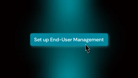Promotional screenshot highlighting the "Set up End-User Management" button in Addigy Console, with teal gradient background and glowing call-to-action cursor, emphasizing SCIM integration for IdP-driven Apple MDM onboarding.