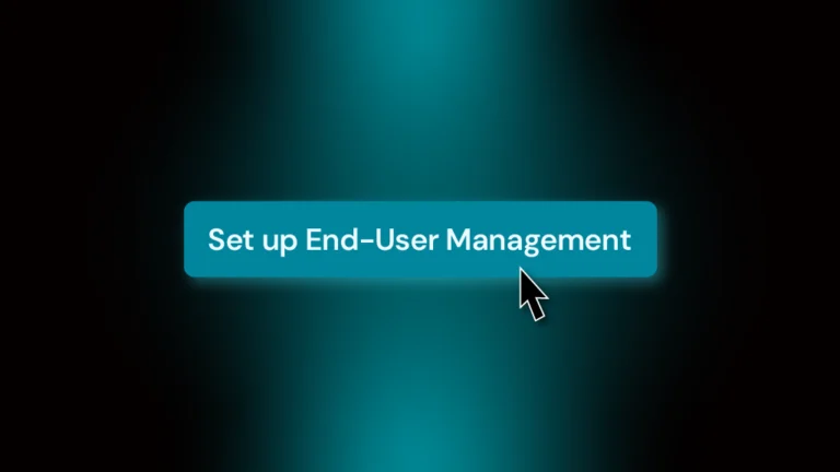 Promotional screenshot highlighting the "Set up End-User Management" button in Addigy Console, with teal gradient background and glowing call-to-action cursor, emphasizing SCIM integration for IdP-driven Apple MDM onboarding.
