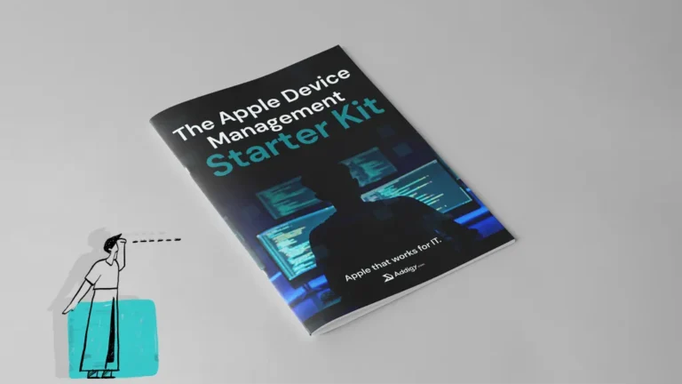 Mockup of Addigy's Apple Device Management Starter Kit guide, featuring a dark cover with a silhouette of a person in front of multiple monitors and the tagline "Apple that works for IT," alongside a small illustration of a person looking through binoculars toward the guide.