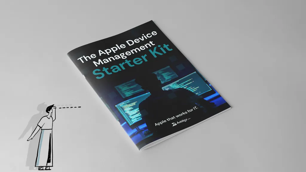 Mockup of Addigy's Apple Device Management Starter Kit guide, featuring a dark cover with a silhouette of a person in front of multiple monitors and the tagline "Apple that works for IT," alongside a small illustration of a person looking through binoculars toward the guide.