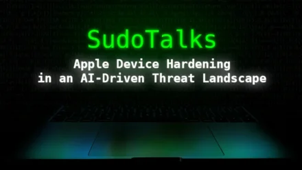 Sudo Talks Apple Device Hardening in a AI driven threat landscape webinar title with a Macbook pro on a dark background