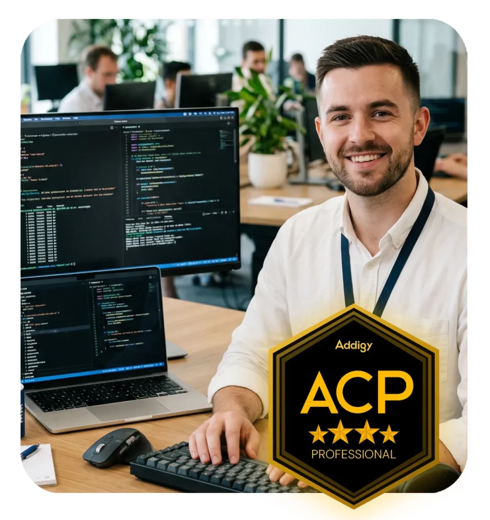 IT professional smiling while working on an Apple MacBook in a modern office, with dashboard cards showing credentials issued ACP badge