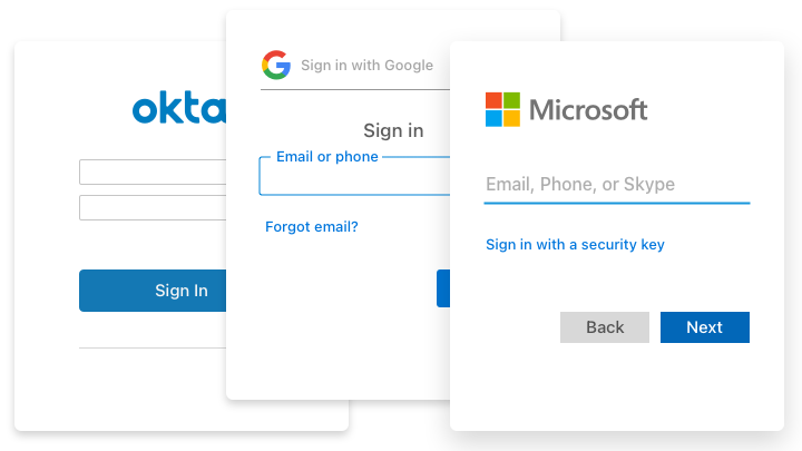 shows set of 3 login windows for Okta, Google, and Microsoft