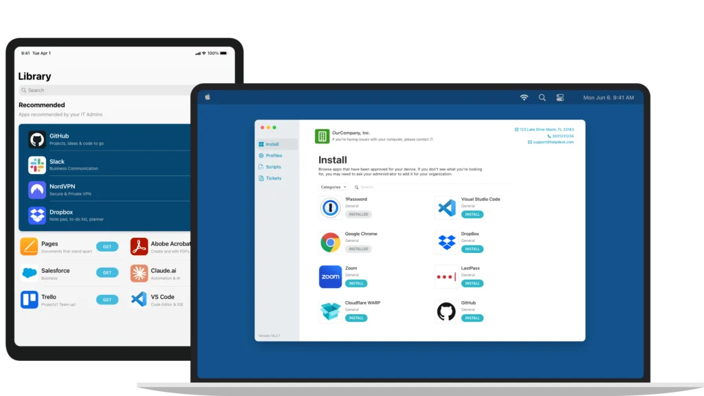 Mockups of an iPad and a MacBook Air, both with the Self Service app displayed