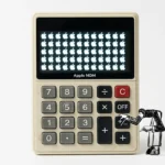 Vintage-style cream calculator labeled "Apple MDM" with a display grid of glowing Apple logos, beside a tiny illustrated figure pressing the +/- button.