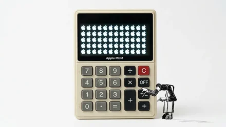 Vintage-style cream calculator labeled "Apple MDM" with a display grid of glowing Apple logos, beside a tiny illustrated figure pressing the +/- button.