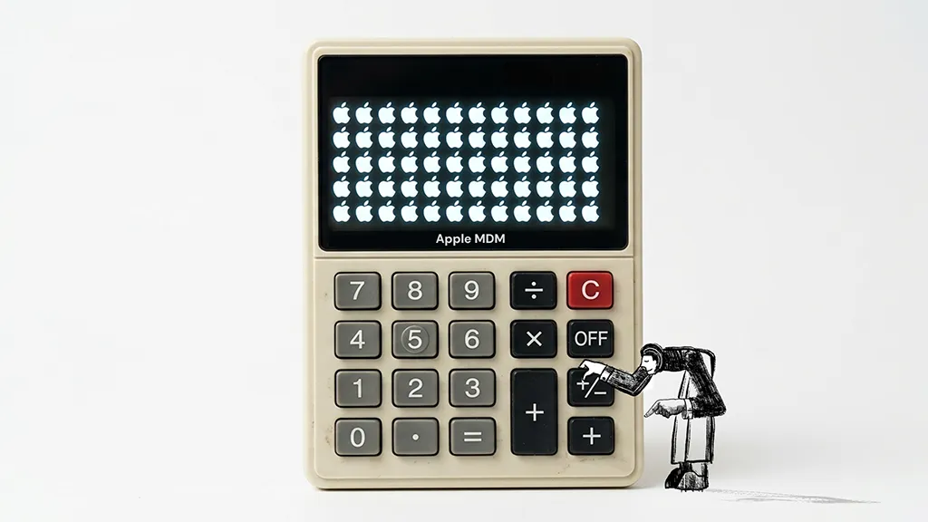 Vintage-style cream calculator labeled "Apple MDM" with a display grid of glowing Apple logos, beside a tiny illustrated figure pressing the +/- button.